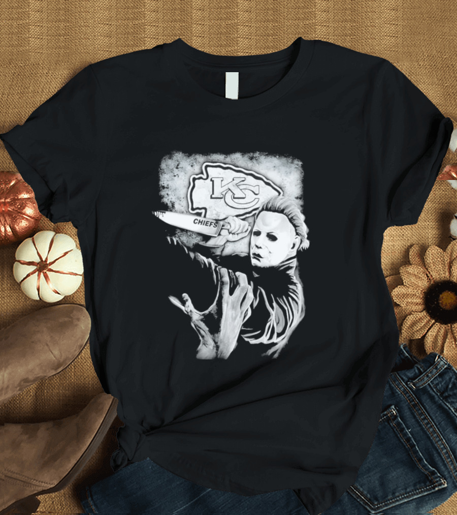 Michael Myers Holding Knife With KC Chiefs T-Shirt