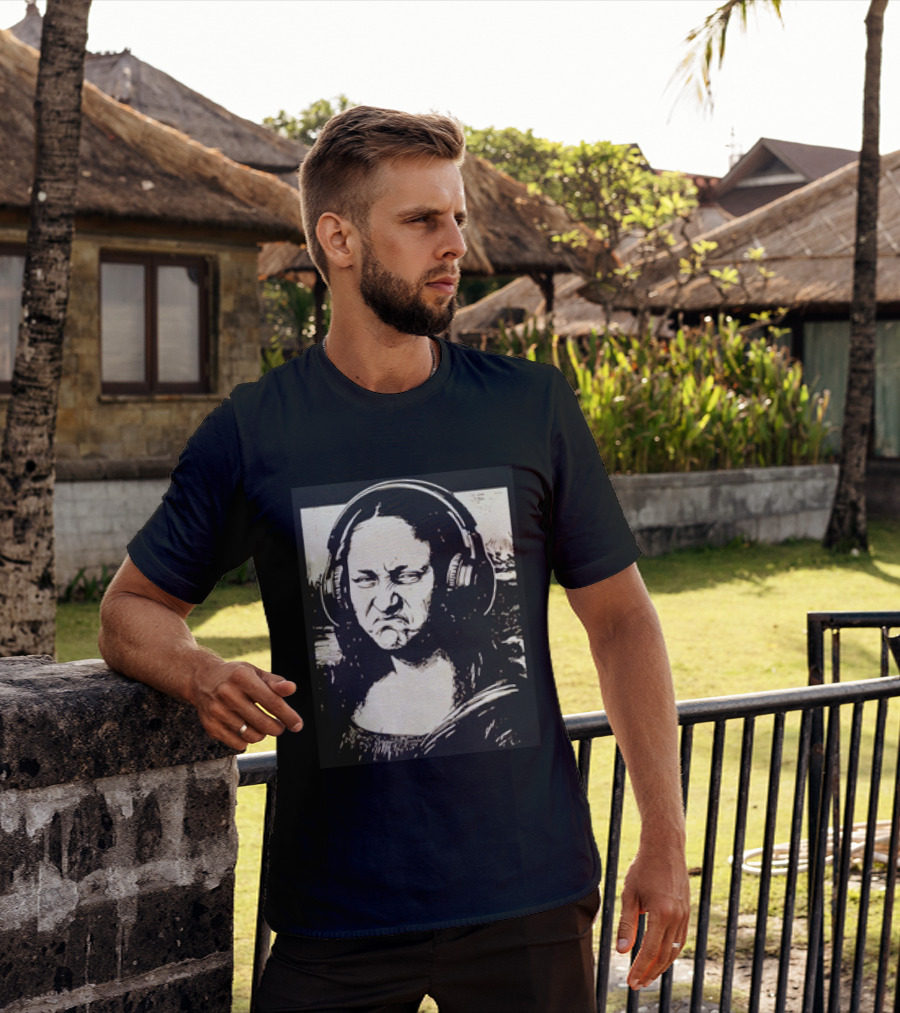 Mona Lisa Headphones Grumpy Expression Fusion T-Shirt