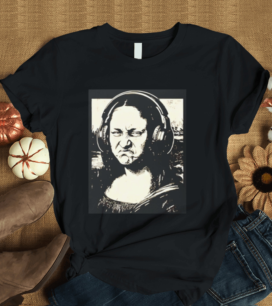 Mona Lisa Headphones Grumpy Expression Fusion T-Shirt