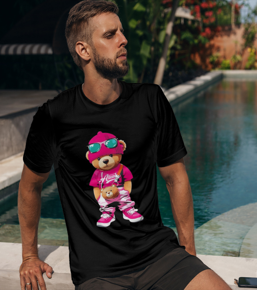 Ailan Teddy Bear Stylish Streetwear Outfit Pink Beanie Sunglasses And Bear Bag T-Shirt