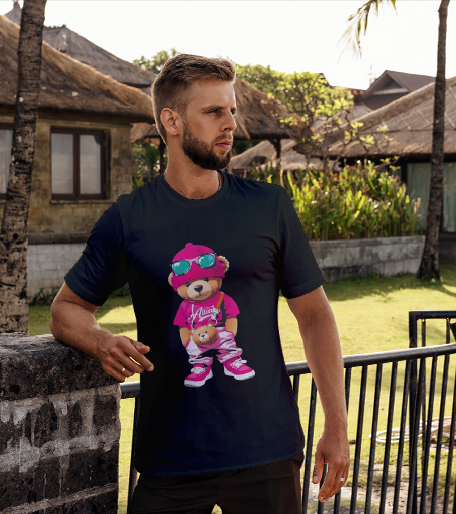 Ailan Teddy Bear Stylish Streetwear Outfit Pink Beanie Sunglasses And Bear Bag T-Shirt
