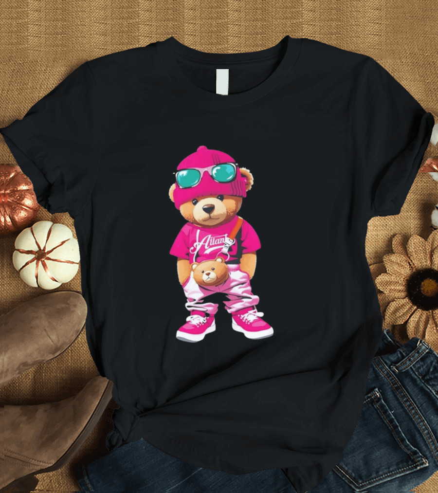Ailan Teddy Bear Stylish Streetwear Outfit Pink Beanie Sunglasses And Bear Bag T-Shirt