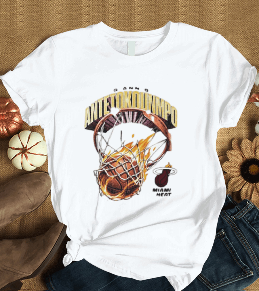 Giannis Antetokounmpo Miami Heat Basketball Hoop Fireball T-Shirt
