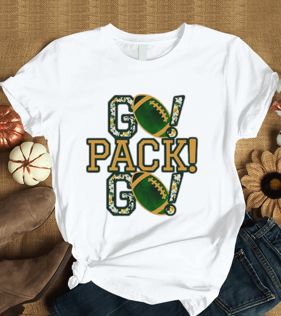 Packers Go Pack Go Football Floral Design With Green And Gold Footballs T-Shirt