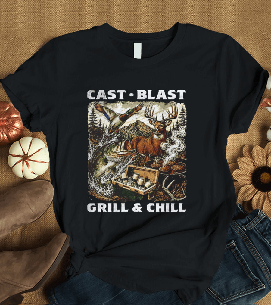 Cast Blast Grill & Chill Deer Fish Camping Scene T-Shirt