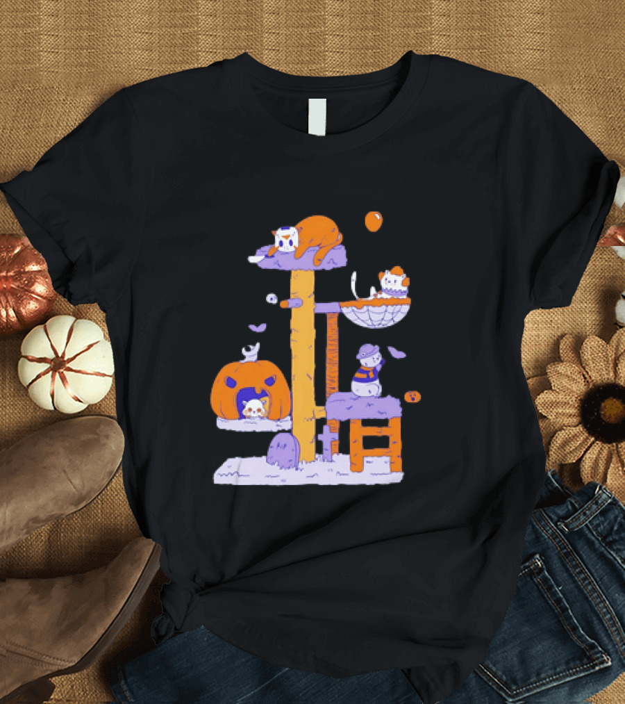 Cat Horror Pumpkin Tree Halloween Cats T-Shirt