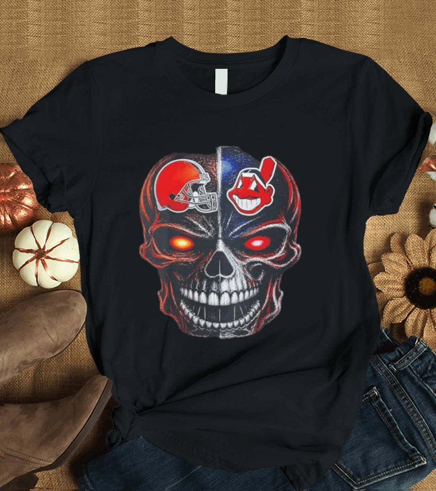 Cleveland Browns Helmet Indians Chief Wahoo Skull Sports Fan T-Shirt