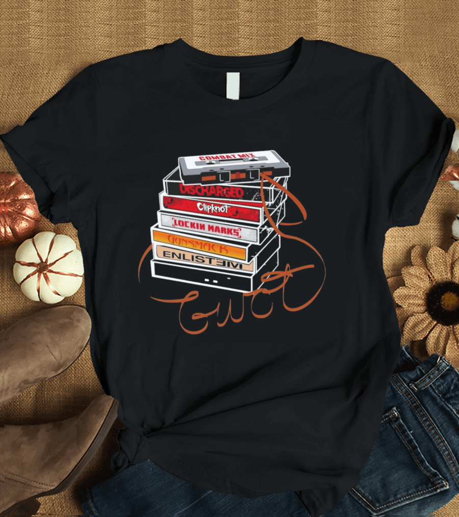 Combat Mix Discharged Clipknot Lockin Marks Gunsmack Enlist GWOT 3 Tours Down Music Cassette Stack T-Shirt