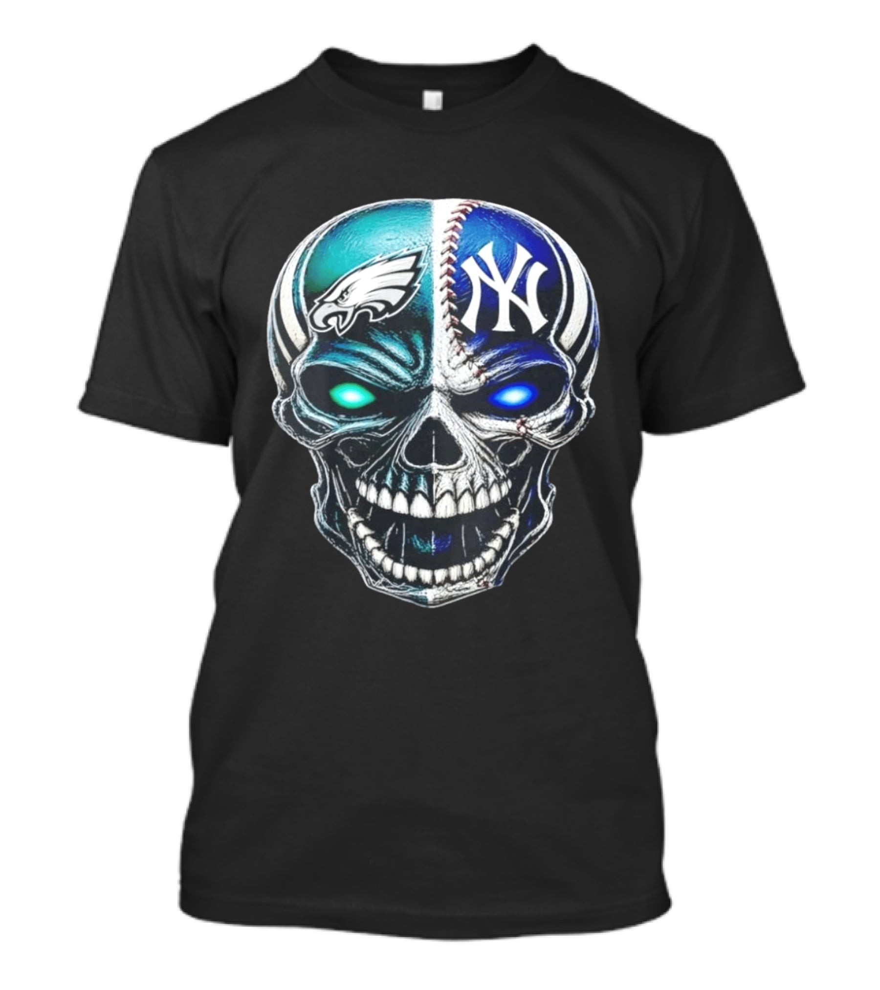 Philadelphia Eagles New York Yankees Skull Glow Eyes T-Shirt