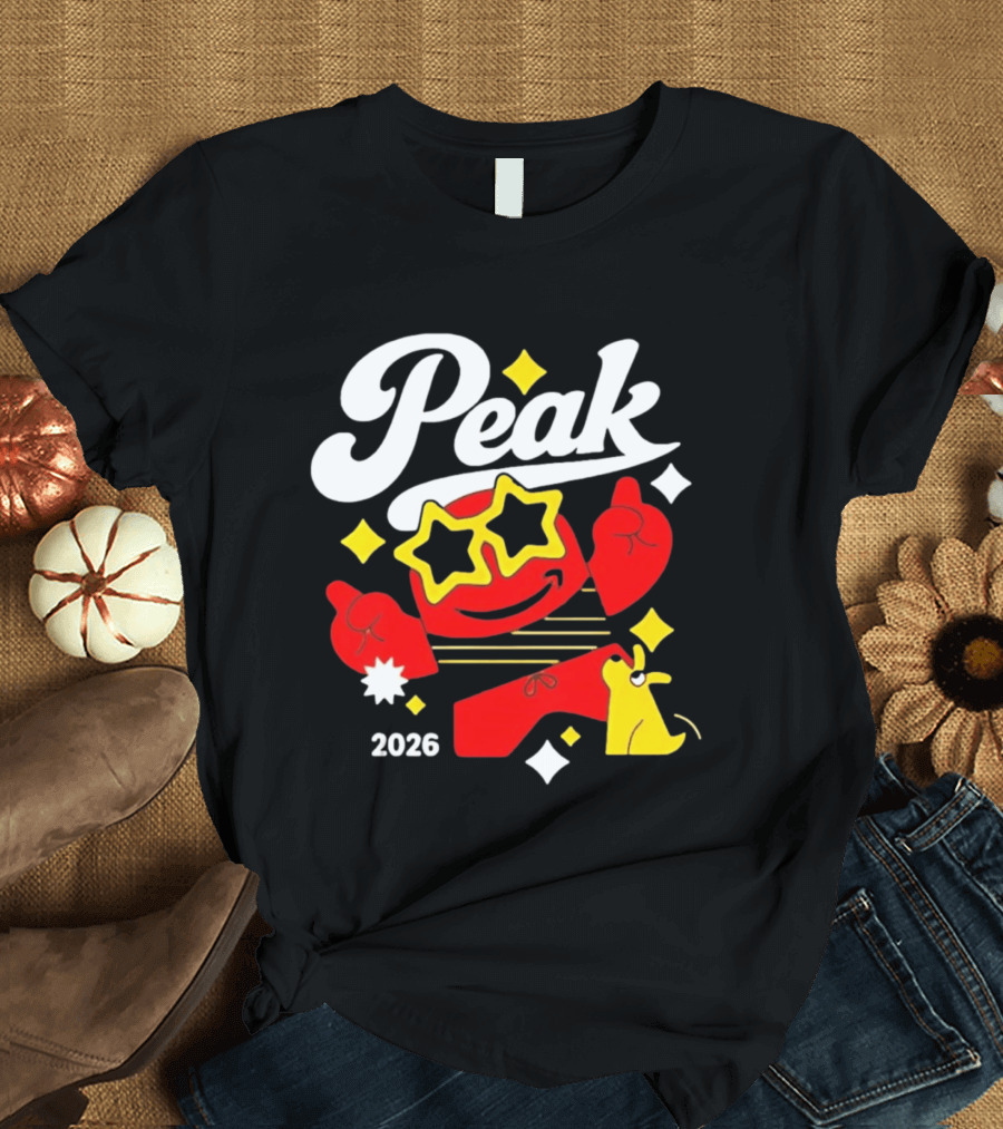 Peak 2026 Red Character With Star Glasses And Yellow Dog T-Shirt