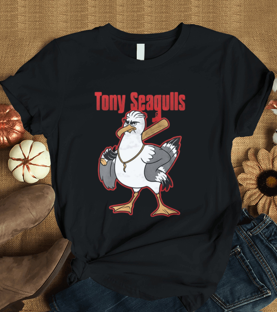 Tony Seagulls Baseball Cartoon Character With Bat T-Shirt