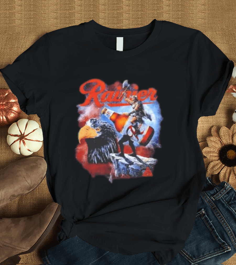 Rainier Beer Viking Holding Beer Riding Eagle On Rock T-Shirt