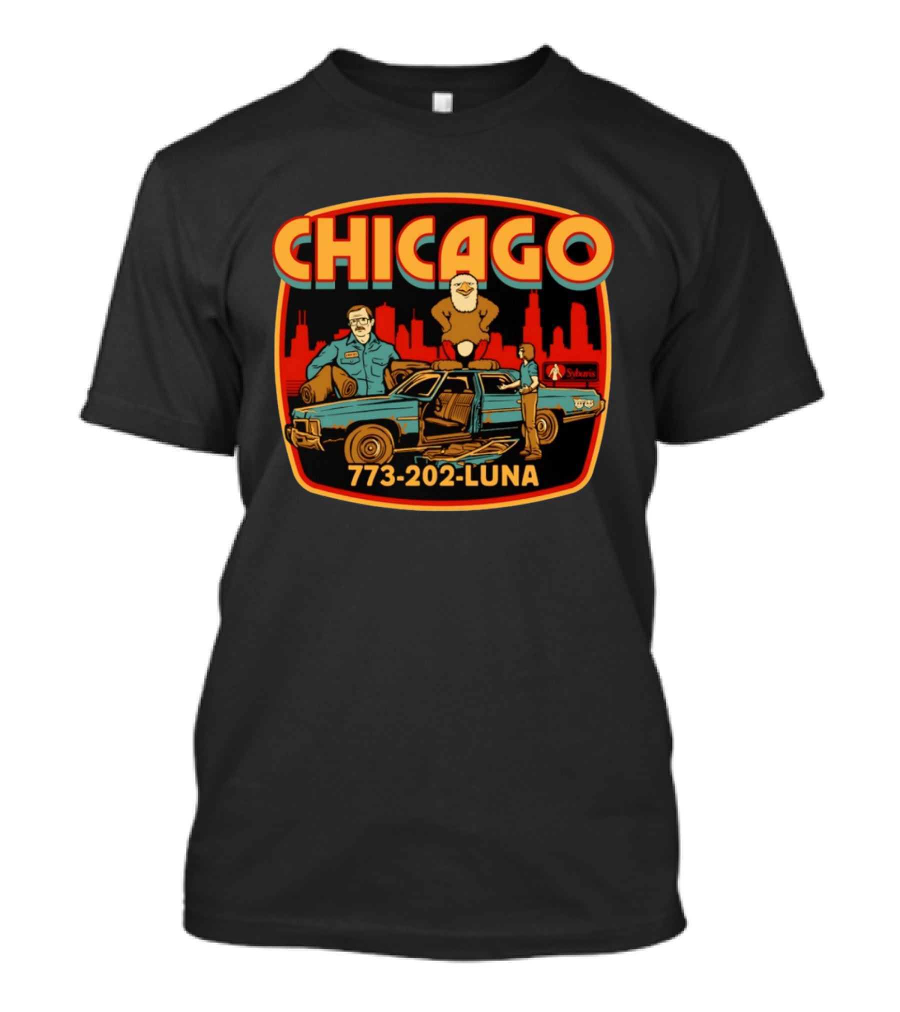 Chicago 773 202 Luna Sybaris Retro Car And Eagle Scene T-Shirt