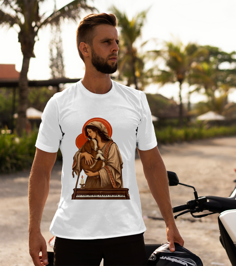 Woman Embracing Goat With Candle And Piano Halo T-Shirt