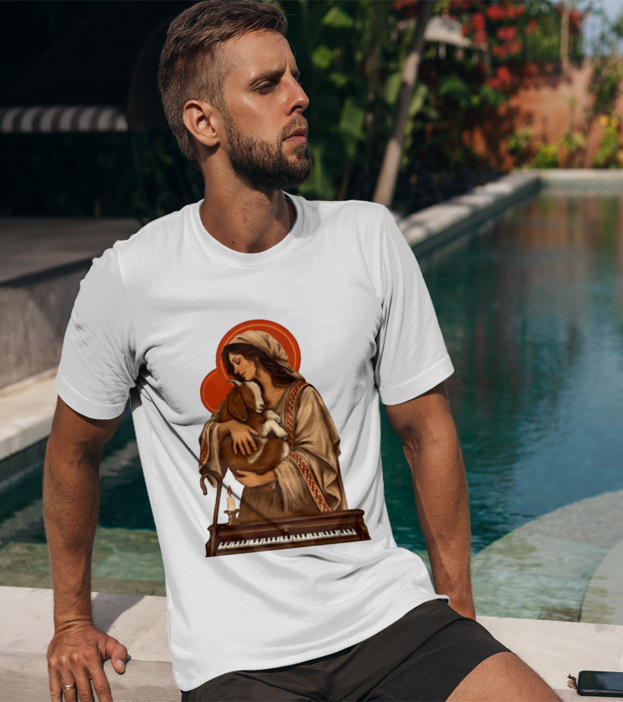 Woman Embracing Goat With Candle And Piano Halo T-Shirt
