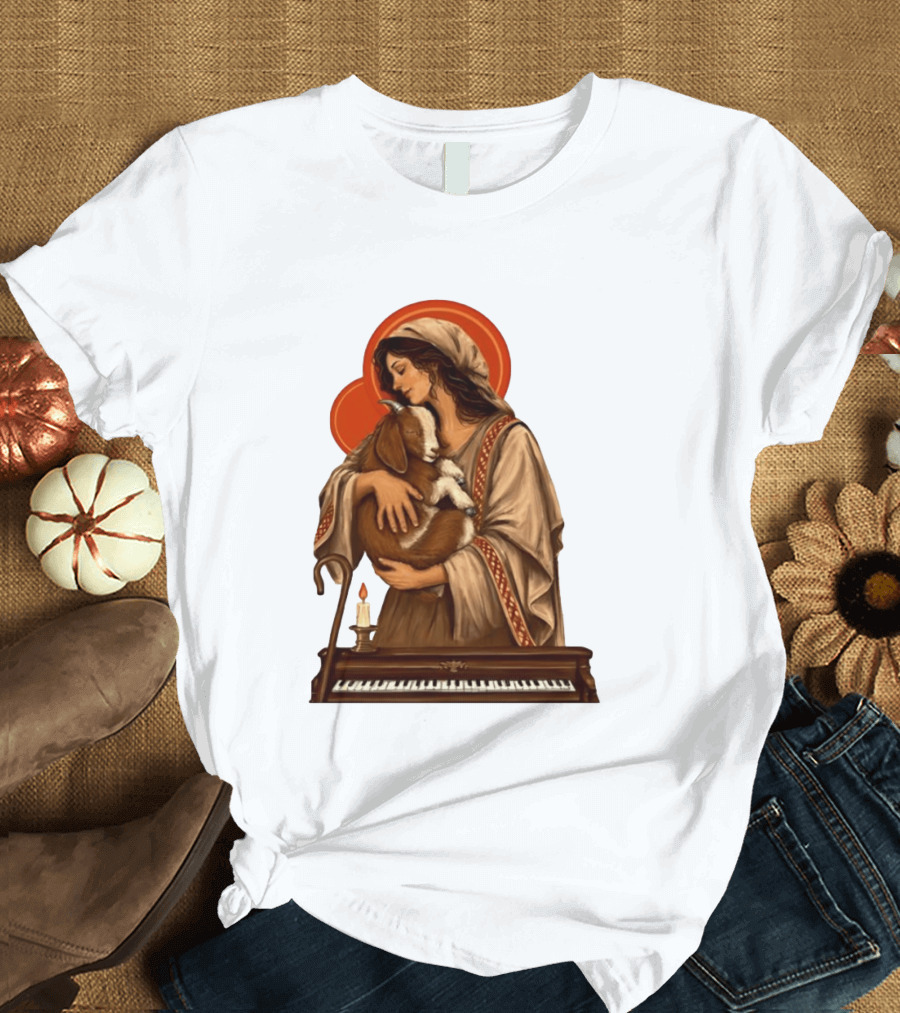 Woman Embracing Goat With Candle And Piano Halo T-Shirt