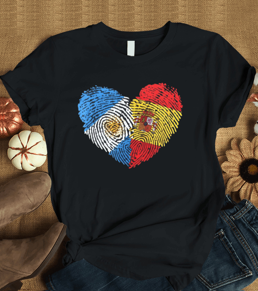 Half Spain Half Argentine Heart Fingerprints Flags Spain Argentina T-Shirt