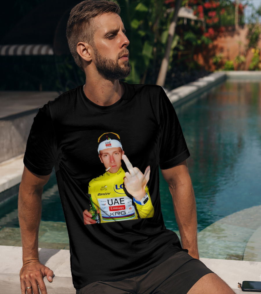 Tadej Pogačar Yellow Jersey Middle Finger Tour De France UAE Emirates LCL Santini T-Shirt