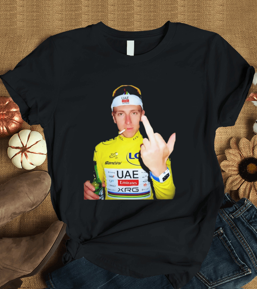 Tadej Pogačar Yellow Jersey Middle Finger Tour De France UAE Emirates LCL Santini T-Shirt