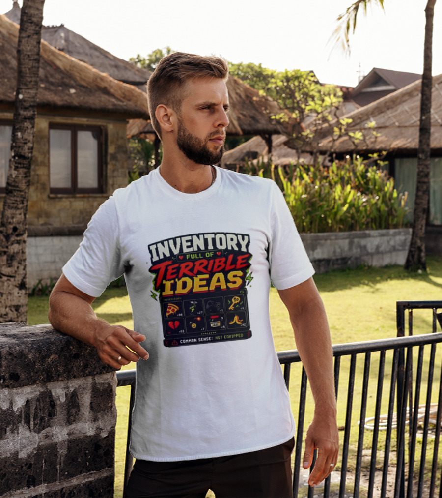 Inventory Full Of Terrible Ideas Common Sense Not Equipped Gaming Gamer Pizza Gun Key T-Shirt