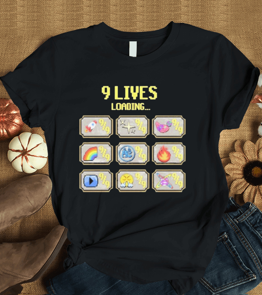 9 Lives Loading Rocket Cat Rainbow Fire Emoji Symbols Cvtscape Alleycvt T-Shirt