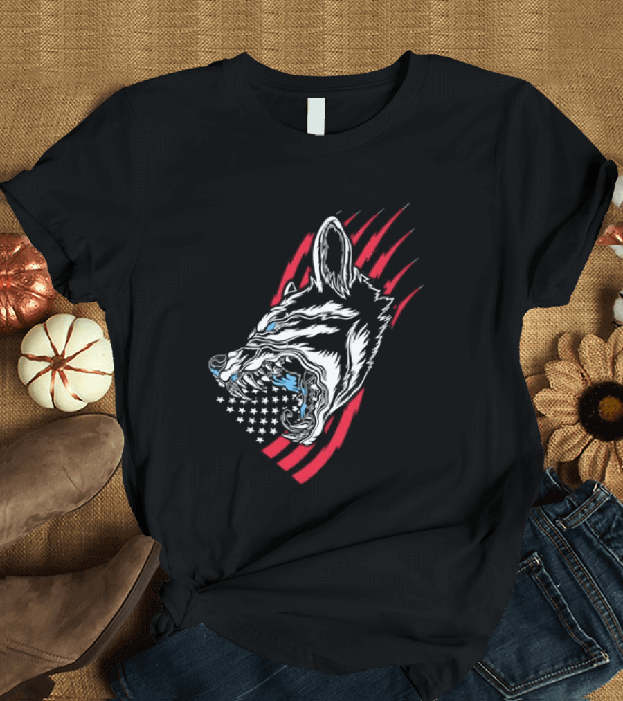 Wolf Snarling With Stars And Stripes American Flag T-Shirt