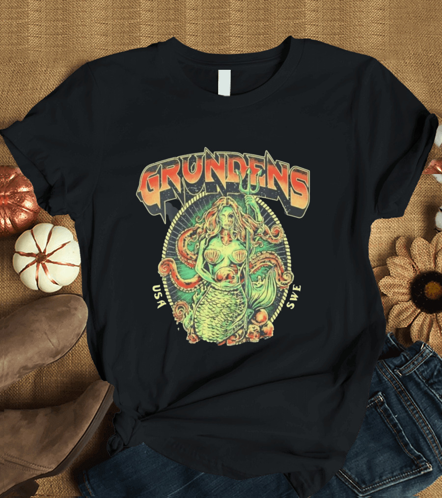 Grundens Undead Mermaid Holding Skull USA SWE Since 1926 T-Shirt