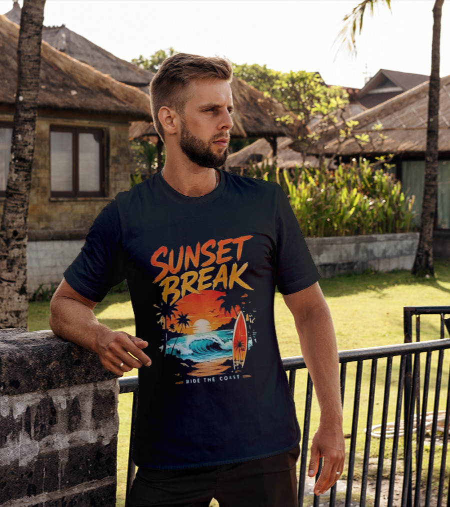 Sunset Break Surfing Ride The Coast Ocean Waves And Surfboard Scene T-Shirt