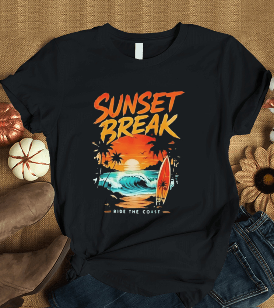 Sunset Break Surfing Ride The Coast Ocean Waves And Surfboard Scene T-Shirt
