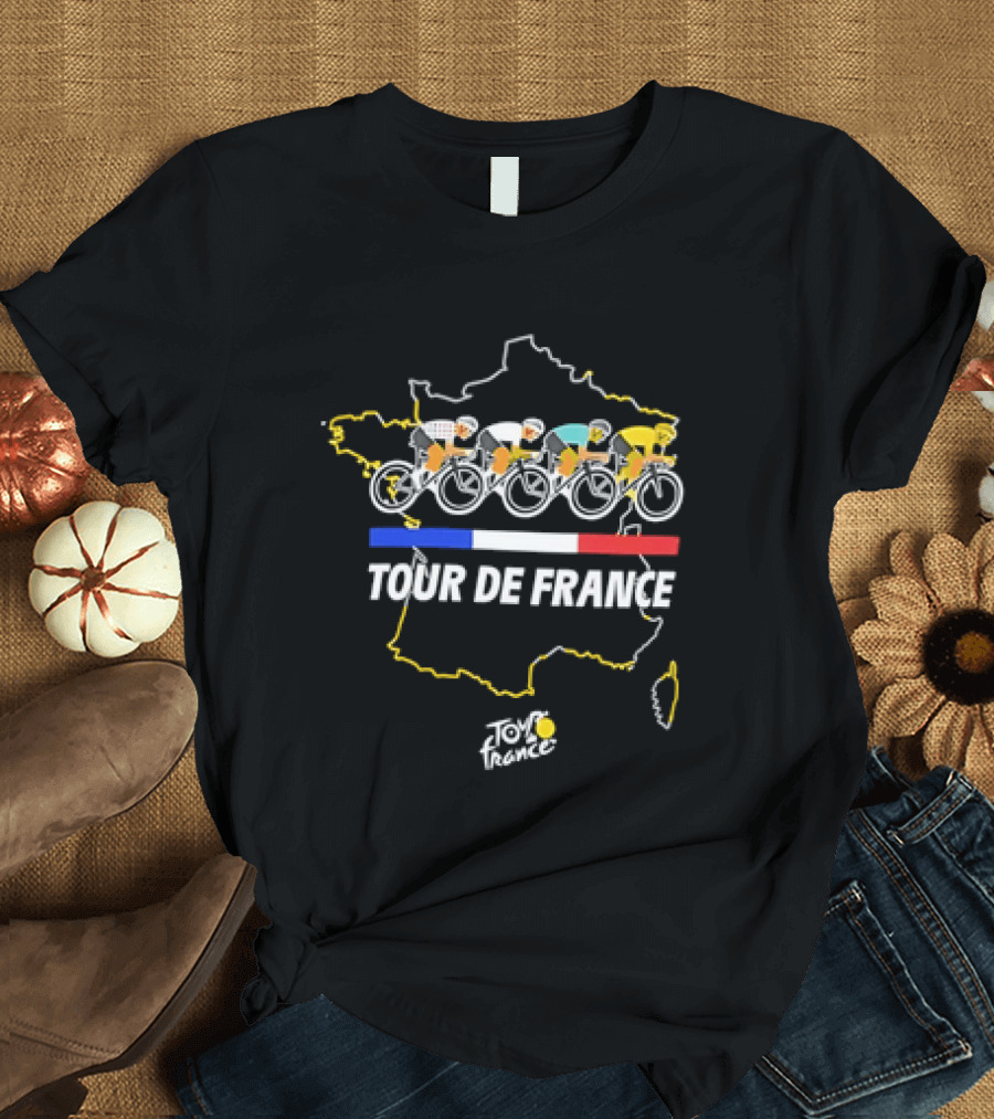 Tour De France Cyclists Racing Over Map Of France T-Shirt