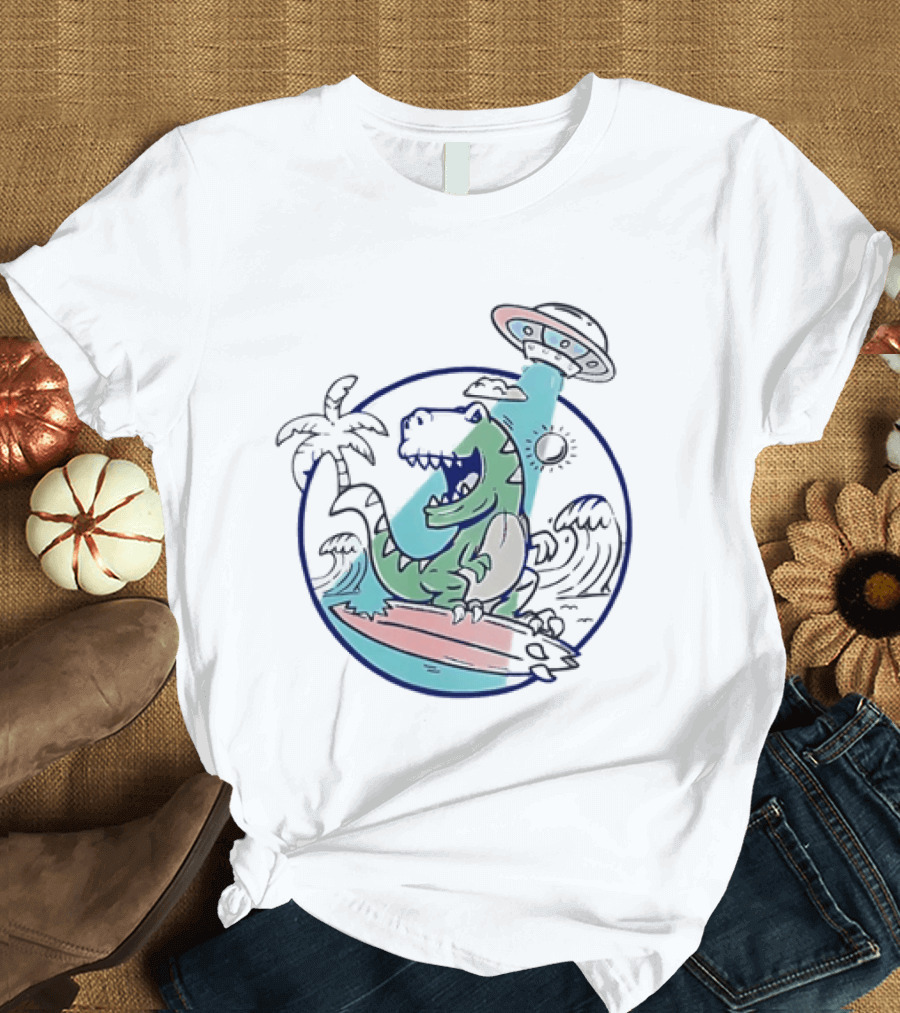 UFO Surfing Dinosaur With Palm Trees And Waves T-Shirt