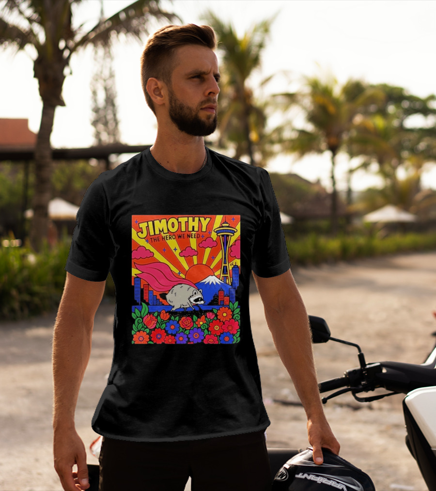 Jimothy The Hero We Need Seattle Skyline Floral Raccoon Superhero T-Shirt