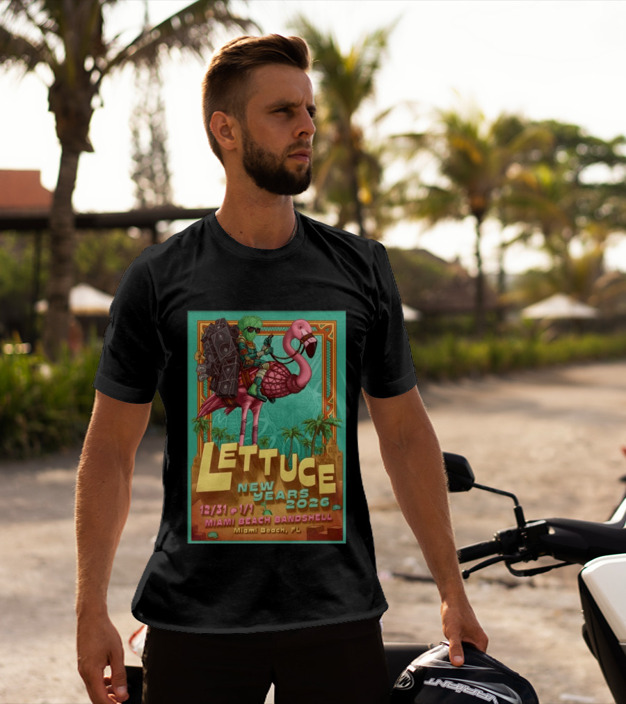 Lettuce New Years 2026 Miami Beach Bandshell Miami Beach FL With Sunglasses Flamingo And Speakers T-Shirt