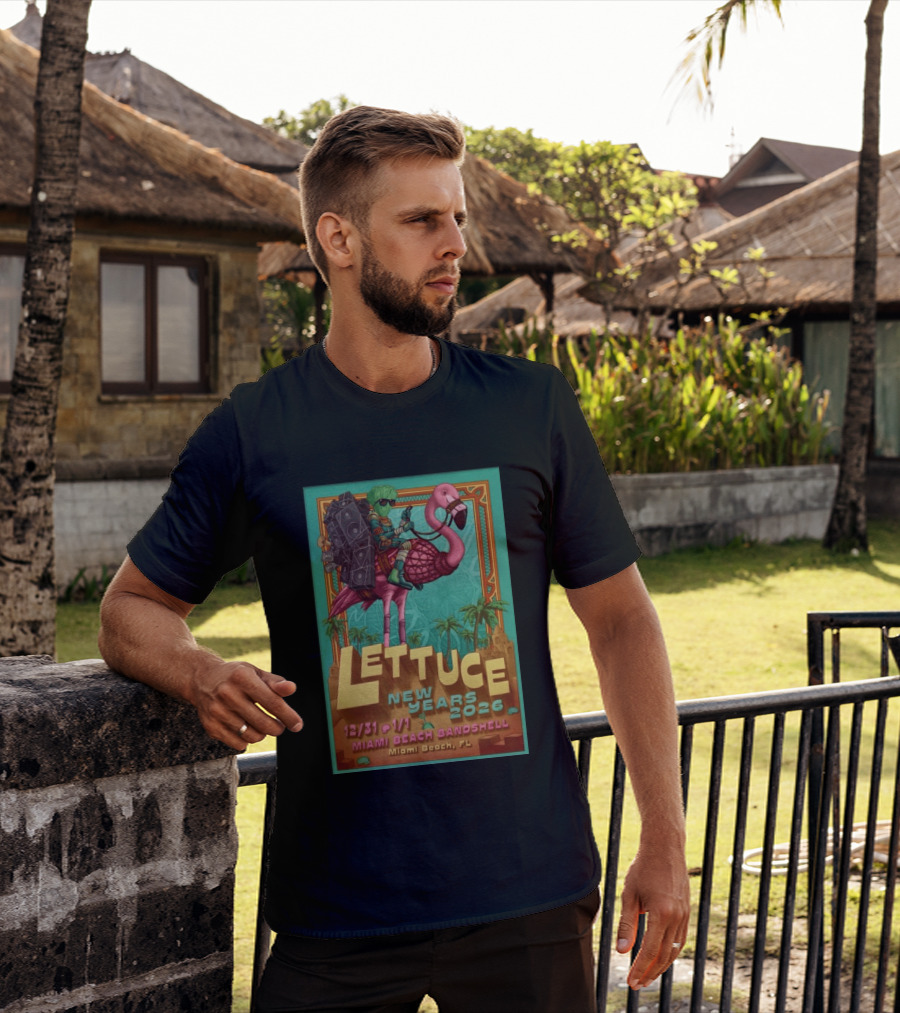 Lettuce New Years 2026 Miami Beach Bandshell Miami Beach FL With Sunglasses Flamingo And Speakers T-Shirt