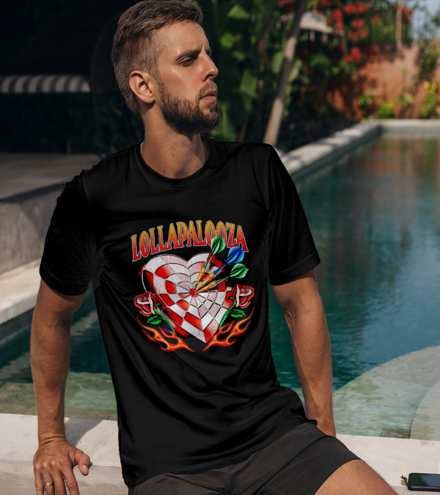 Lollapalooza Heart Dartboard With Roses And Flames T-Shirt