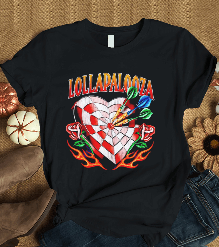 Lollapalooza Heart Dartboard With Roses And Flames T-Shirt