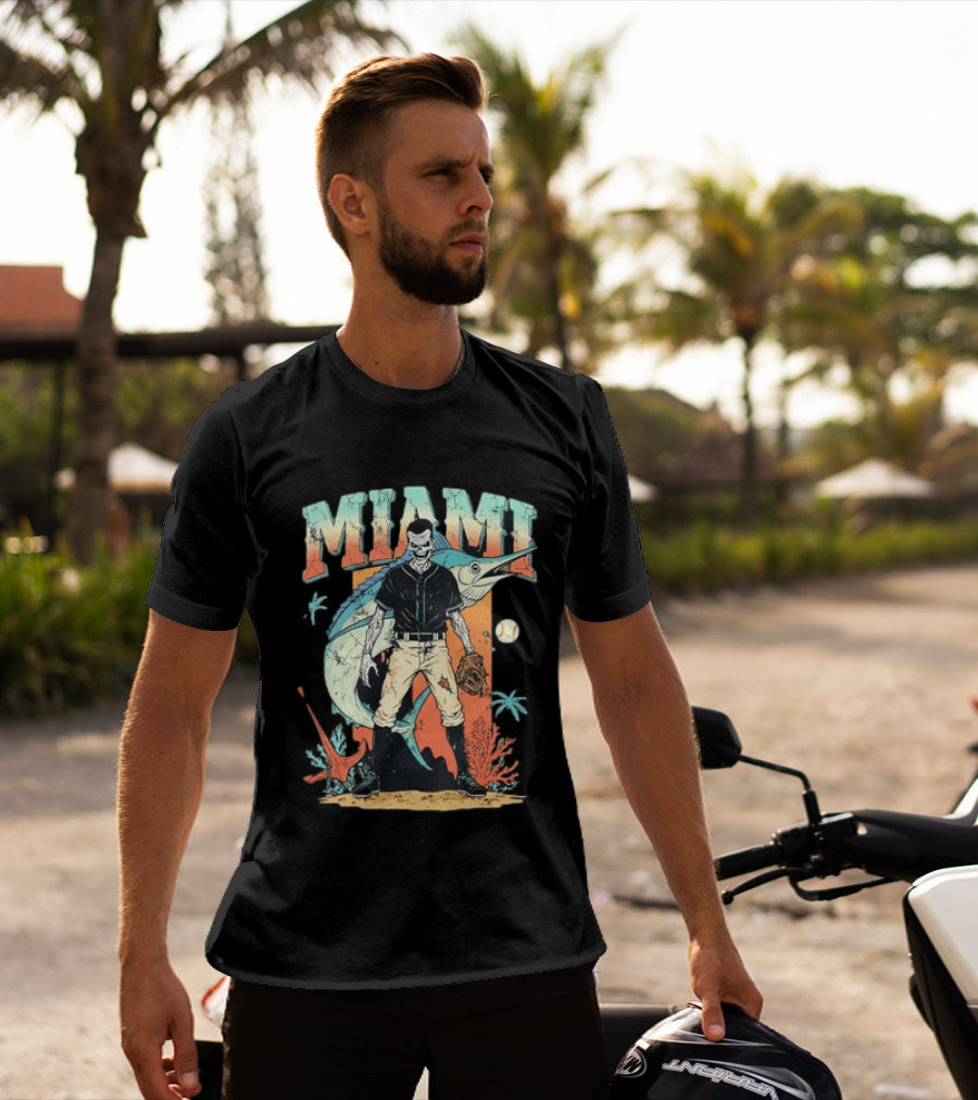 Miami Marlins Skeleton Baseball Player With Marlin And Tropical Vibes T-Shirt