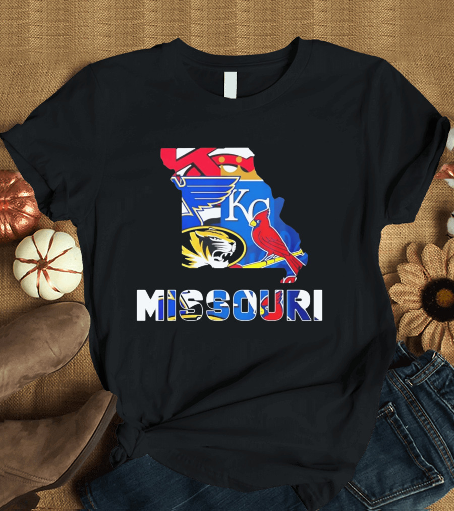 Missouri Sports Map KC Royals Cardinals Blues Tigers State Pride T-Shirt