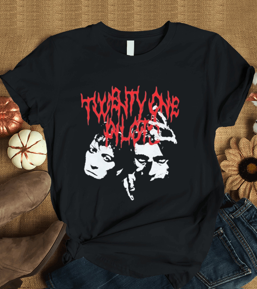 Twenty One Pilots Red Text Band Members Faces Dark Metal T-Shirt