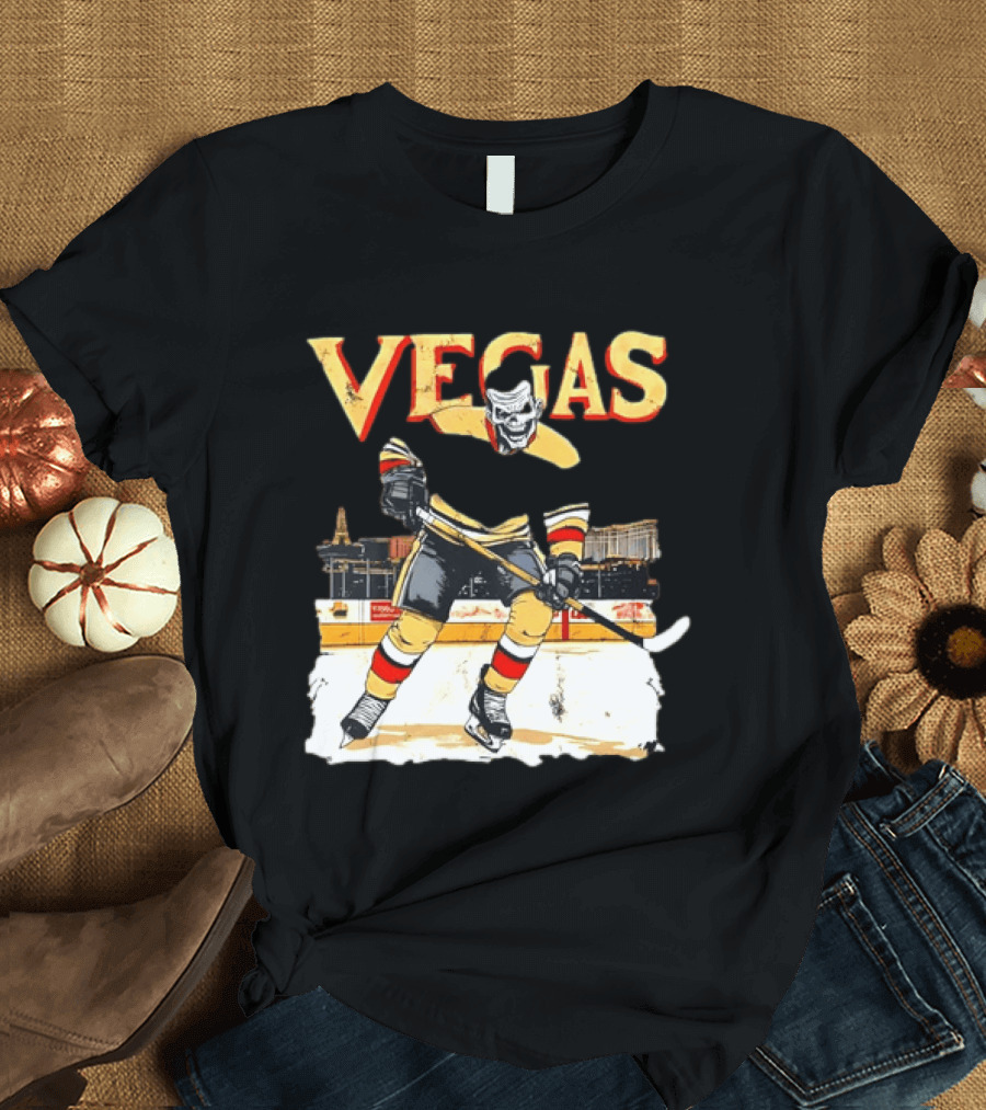 Vegas Hockey Skull Ice Arena Skyline Scene T-Shirt