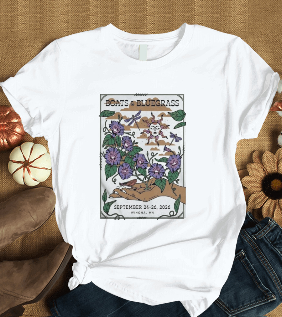 Boats And Bluegrass Winona MN September 24 26 2026 Sun Dragonflies Flowers Music Festival T-Shirt
