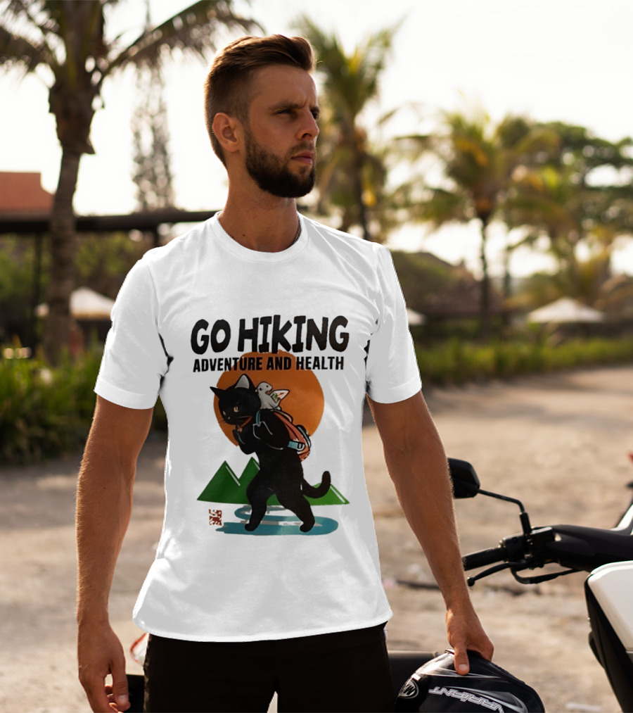 Go Hiking Adventure And Health Black Cat With Backpack And Bird T-Shirt