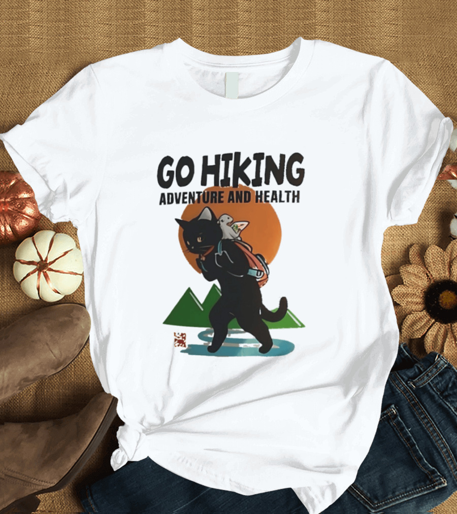 Go Hiking Adventure And Health Black Cat With Backpack And Bird T-Shirt