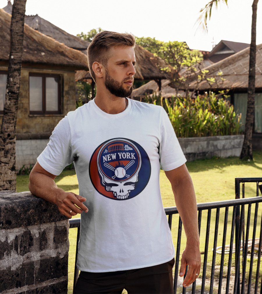 New York Mets Grateful Dead Skull Baseball Orange Blue Stadium T-Shirt