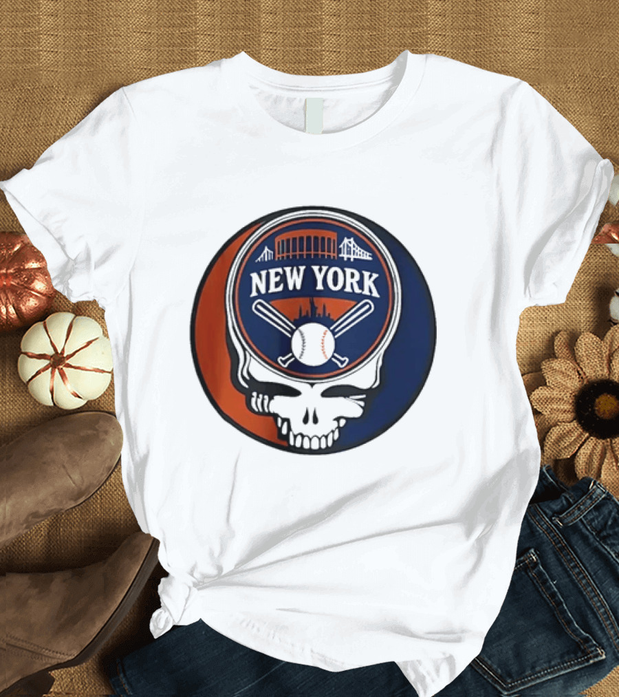 New York Mets Grateful Dead Skull Baseball Orange Blue Stadium T-Shirt