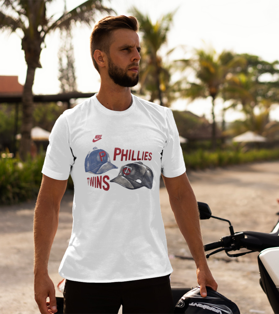 Philadelphia Phillies P Baseball Cap And Minnesota Twins TC Hat Iconic Collaboration With Retro Nike Swoosh T-Shirt