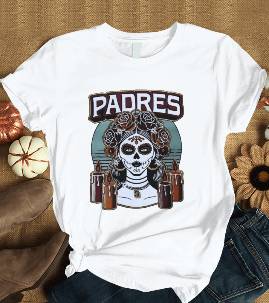 Padres Sugar Skull Woman With SD Pendant And Candles T-Shirt