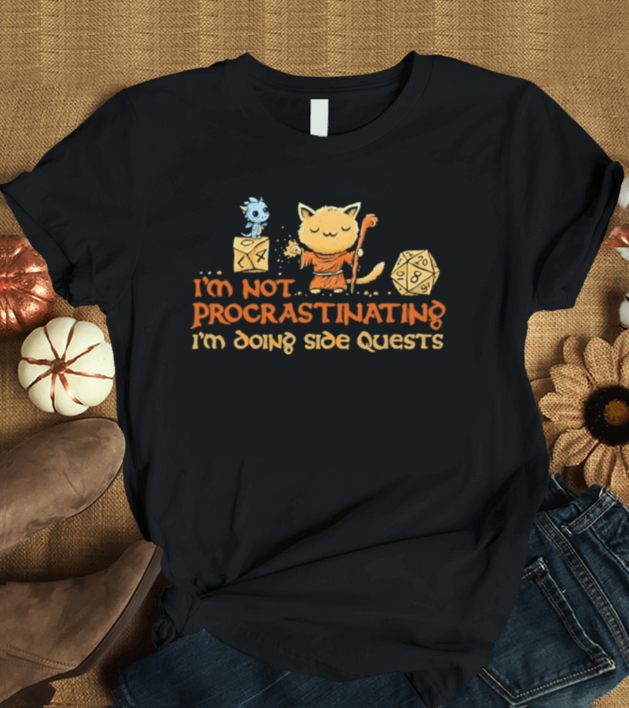 I'm Not Procrastinating I'm Doing Side Quests Cat Wizard Magic Adventure T-Shirt