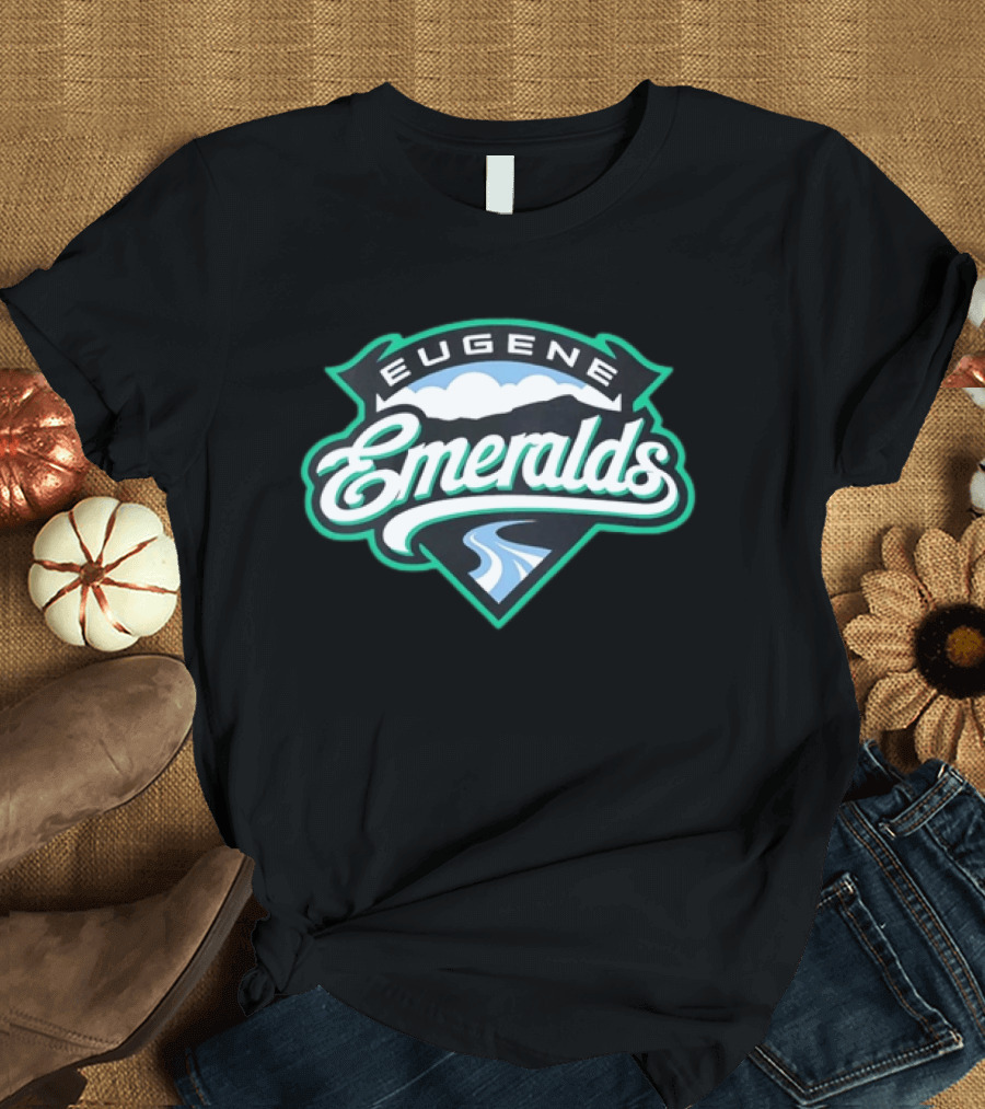 Eugene Emeralds Baseball Team Green Crest With Mountains And River Motif T-Shirt