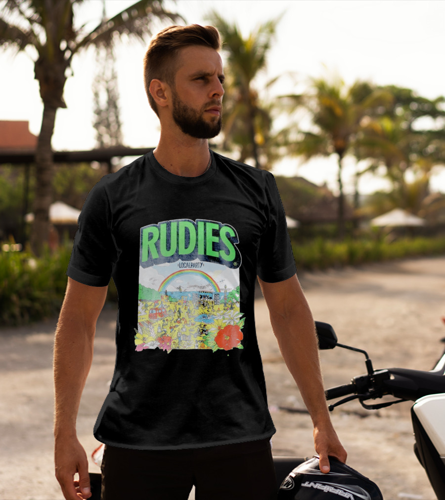 Rudie's 35th Anniversary Local Party Featuring 10 Feet G Freak Factory Dustboz Colorful Celebration With Rainbow And Flowers T-Shirt